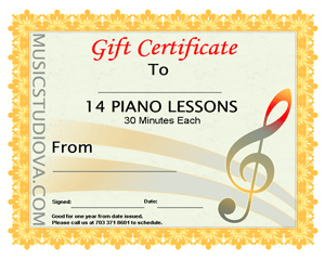 14 Piano Lessons Gift Certificate